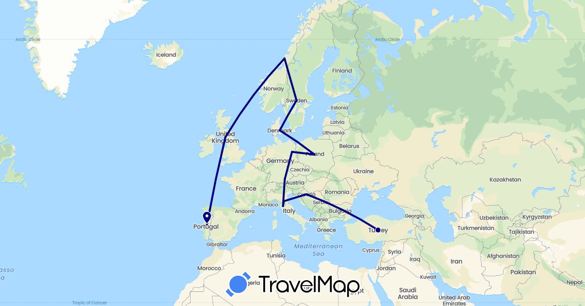 TravelMap itinerary: driving in Germany, Denmark, United Kingdom, Croatia, Italy, Norway, Poland, Portugal, Sweden, Turkey (Asia, Europe)